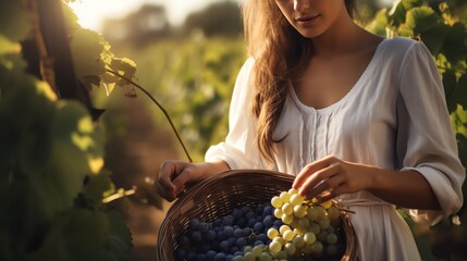 Young woman collecting grapes. AI generated image. - obrazy, fototapety, plakaty