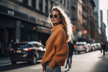 a woman, wearing an oversized knit sweater and skinny jeans, on a city street