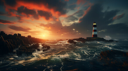 Island Lighthouse at sunrise - obrazy, fototapety, plakaty