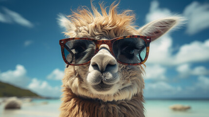 Naklejka premium Funny alpaca in sunglasses