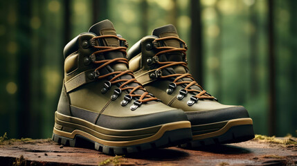 A pair of traditional hiking boots, maximalist sole, rocker sole, modern design, olive ripstop upper. Generative AI