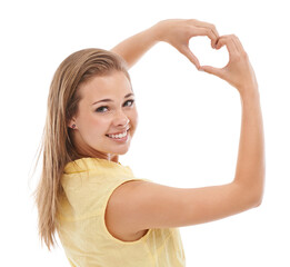 Woman, portrait and heart hands for love in studio, kindness and peace emoji or symbol. Happy...