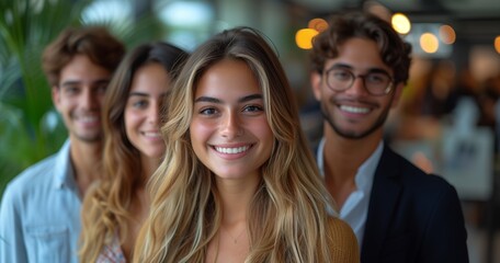 Fototapeta premium Four Young Employees Sharing Laughter and Smiles in Workplace
