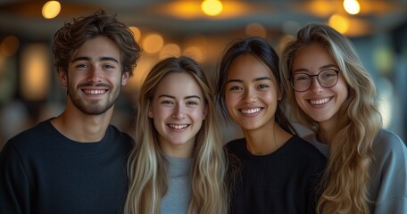 Four Young Employees Sharing Laughter and Smiles in Workplace