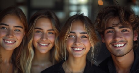 Fototapeta premium Four Young Employees Sharing Laughter and Smiles in Workplace