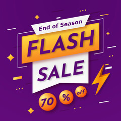 Naklejka na ściany i meble Flash Sale banner in Purple Background with up to 70% off. End of Season. Discount 70%. Flash Sale Banner with Thunder Bolt Icon.