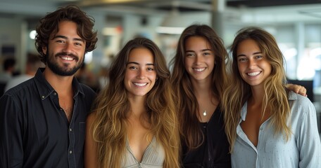 Four Young Employees Sharing Laughter and Smiles in Workplace