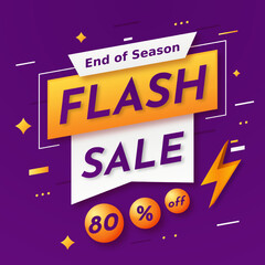 Flash Sale banner in Purple Background with up to 80% off. End of Season. Discount 80%. Flash Sale Banner with Thunder Bolt Icon.