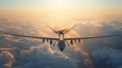 A military drone controlled remotely is flying in the sky