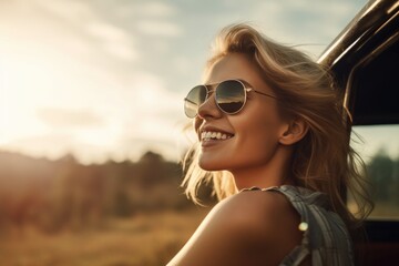 shot of an attractive young woman relaxing in a vehicle on a road trip - obrazy, fototapety, plakaty