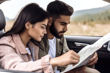 cropped shot of an affectionate young couple looking at a map while on a road trip - obrazy, fototapety, plakaty