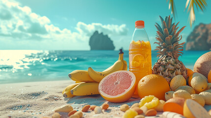Beachside scene with healthy snacks, sunscreen, and exercise gear for a day of active relaxation.