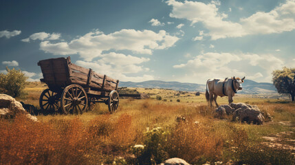 Art rural landscape, ox cart on a rocky road in the middle of a meadow. Generative AI - obrazy, fototapety, plakaty