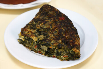 Close up Tortilla de Espinacas, Spanish Style Spinach Omelet