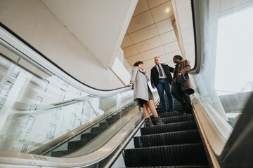 A group of three business people in conversation while riding an escalator within a contemporary urban office complex. - Powered by Adobe