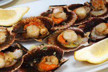 Close up grilled Scallops in the shell with dressing sauce