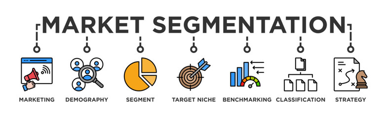 Market segmentation banner web icon vector illustration concept with icon of marketing, demography, segment, target niche, benchmarking, classification, strategy - obrazy, fototapety, plakaty