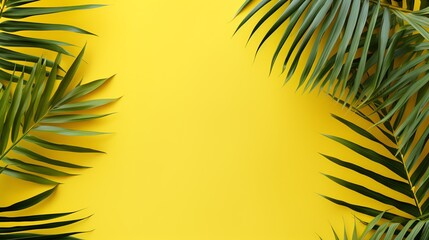 Fototapeta na wymiar Yellow background with tropical palms leaves with empty space for text. AI generated image.