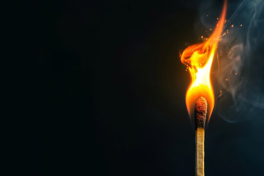 Burning match exploding on black background close up