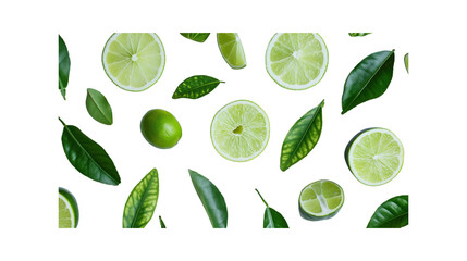 Lemon fruit with slices and green leaves isolated on white background. Top view. Flat lay.
