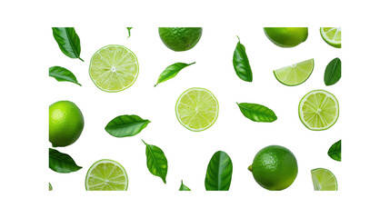 Lemon fruit with slices and green leaves isolated on white background. Top view. Flat lay.