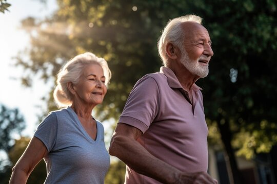 shot of two senior citizens jogging together outside