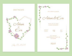 Invitation wedding, bridal card with text. Two pages. Vector watercolor blossom illustration.