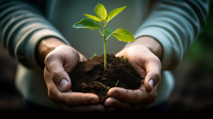 Hand Holding Seedling: Sustainable Agriculture and Environmental Conservation Beginnings. Generative AI