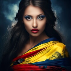 portrait of a beautiful  woman with typical costume of colombian flag colors 