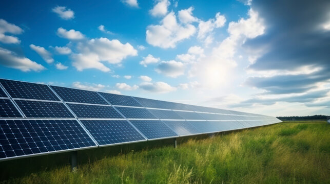 Clean Energy Generation Under Blue Skies: Solar Power Station Utilizing Renewable Solar Energy Technology. Generative AI