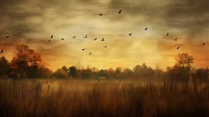 Warm lazy autumn afternoon walk landscape is changing birds flock to the seed from grasses harmony exist in Mother Nature feeling blessed. Generative AI - obrazy, fototapety, plakaty