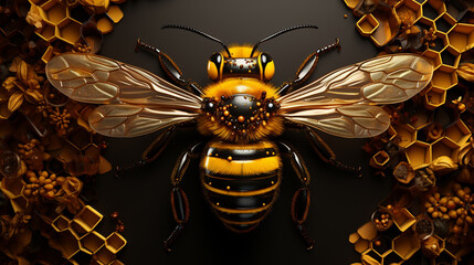 Gold honey bee and of lines, dots, circles and polygons decorated by honeycombs on black background. - obrazy, fototapety, plakaty