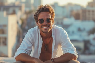 a smiling white man with sunglasses sitting on a ledge - Powered by Adobe