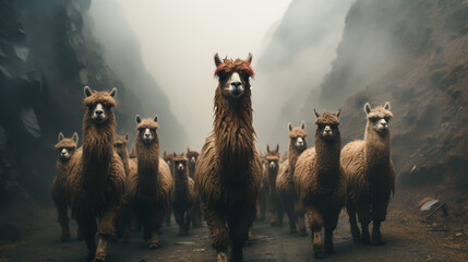 Fototapeta premium Herd of llamas on a road
