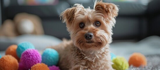 A toy dog, which is a small carnivorous terrier breed, is peacefully resting on the floor next to a pile of vibrant balls.