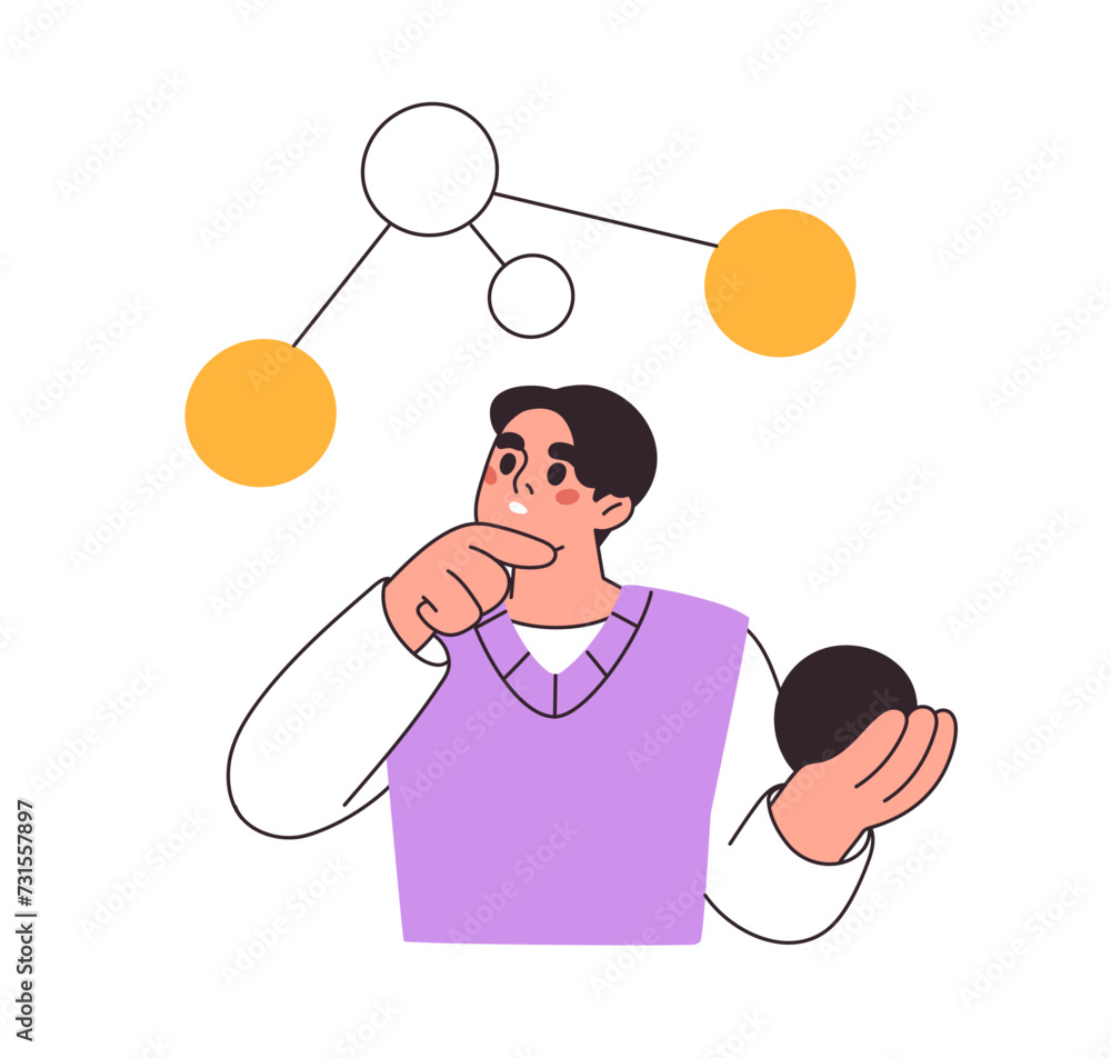 Poster Student thinking, learning. Education, study process, analysis concept. Learner analyzing scheme, algorithm, data structure, information. Flat vector illustration isolated on white background