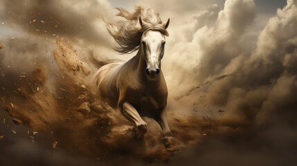 Galloping Herd of Mustang Horses Running Through Dust. Generative AI - obrazy, fototapety, plakaty