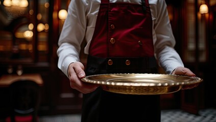 With poise and elegance, a waiter carries a tray, symbolizing the epitome of refined hospitality and impeccable service in a luxury hotel setting.