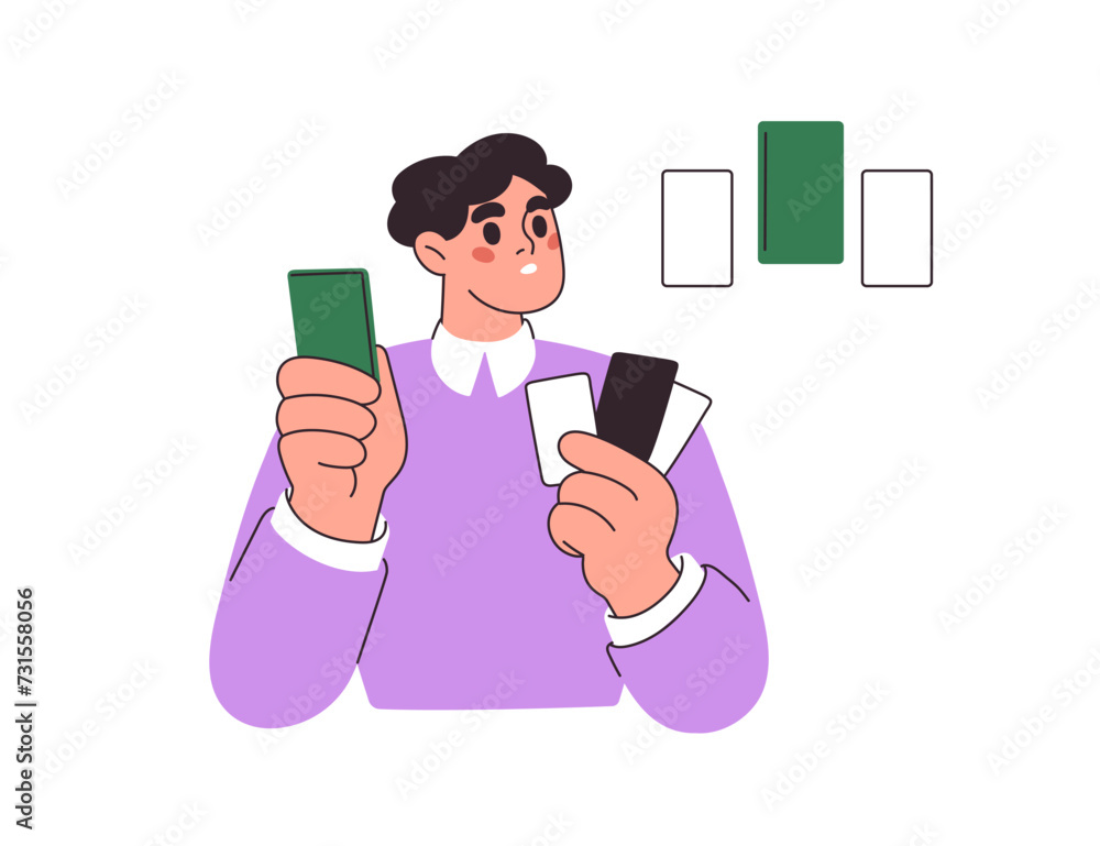 Poster Student studying, matching cards. Puzzled learner solving problem, finding solution, thinking, comparing. Education, knowledge concept. Flat graphic vector illustration isolated on white background