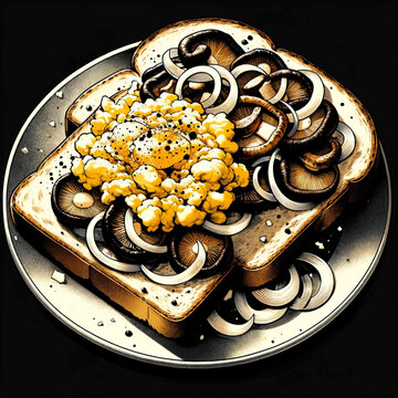 Sandwich with scrambled eggs, onion and shitake mushrooms
