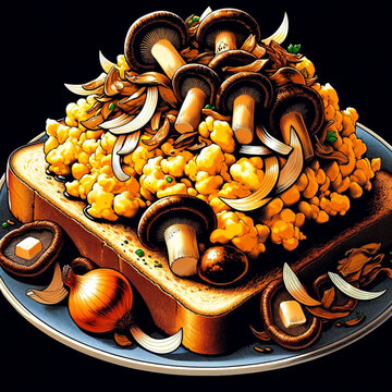 Sandwich with scrambled eggs, onion and shitake mushrooms