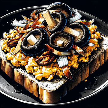 Sandwich with scrambled eggs, onion and shitake mushrooms