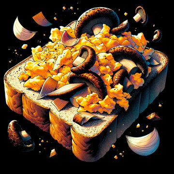 Sandwich with scrambled eggs, onion and shitake mushrooms