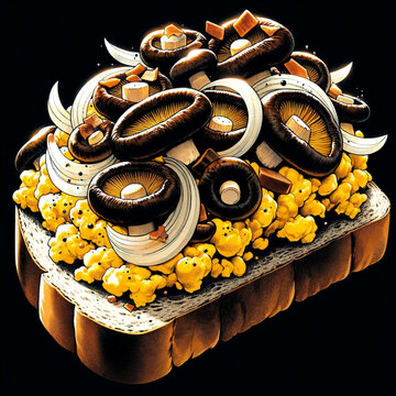 Sandwich with scrambled eggs, onion and shitake mushrooms