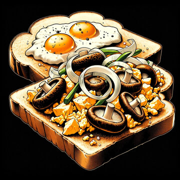 Double sandwich with scrambled eggs, onion and shitake mushrooms