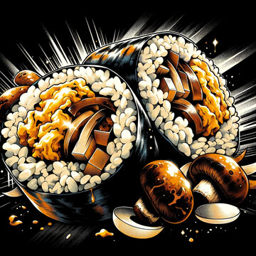 Rolled scrambled eggs with shitake mushrooms and onion