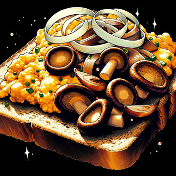 Sandwich with scrambled eggs, onion and shitake mushrooms