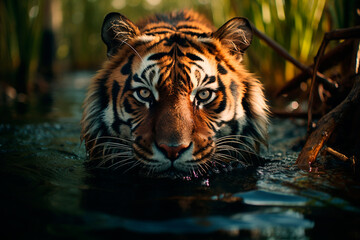 Close-up tiger swims in the river, summer, portrait