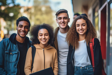 Fototapeta premium Group of happy multicultural students posing together near university building outdoors. College education concept