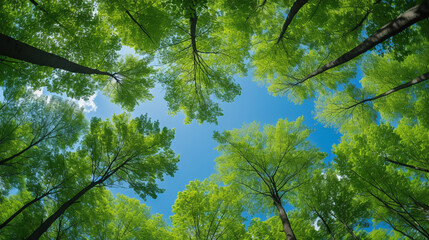 Bottom view of tall old trees in evergreen forest. Blue sky in the background. Low angle view of trees in the forest, natural background